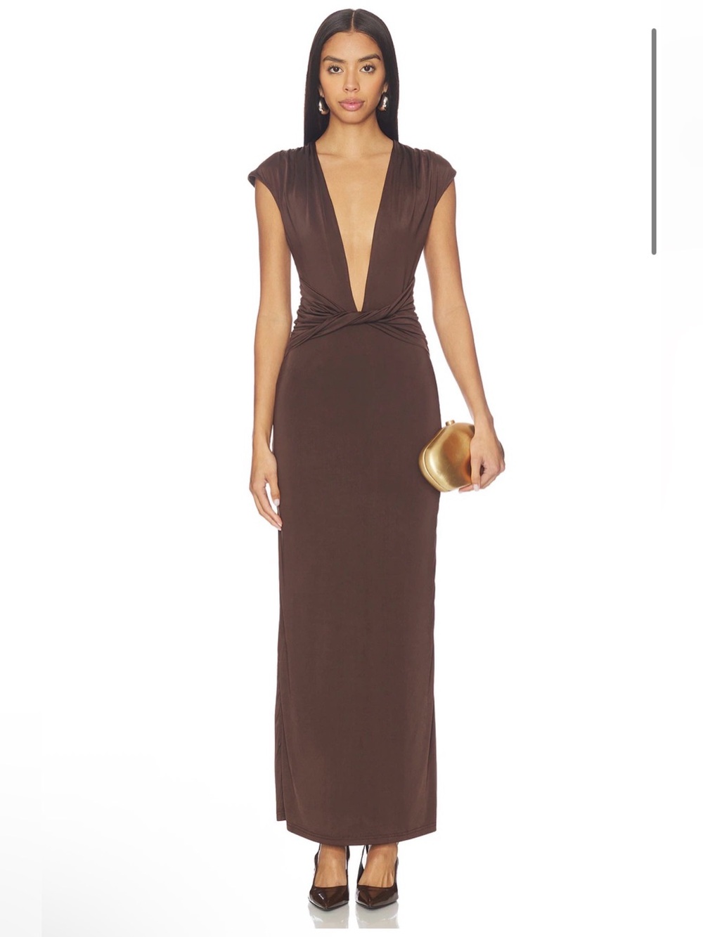 superdown Revolve Celeste Chocolate Brown Plunge Maxi Dress